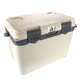 A cream and grey cooler box with a secure latch and measuring gauge on the lid. It features a logo on the side.