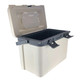 A 15L cooler box in cream and grey, featuring a lid and sturdy closure clips. It has a branding logo on the side.