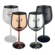 A set of Bella stainless steel wine glasses in silver, rose gold, and black, featuring a logo on each glass.