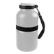 A drink bottle in grey with a black strap and lid, featuring a logo on the side.