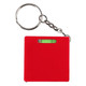 A red Leveller Tape Measure keyring with a small bubble level and metal chain attachment.