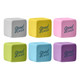 A set of six cube-shaped rubber erasers in grey, yellow, pink, green, blue, and purple, featuring a logo.
