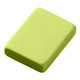 A lime green rectangular rubber eraser with rounded edges, featuring a simple design and a logo.