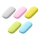 A collection of five rubber erasers in white, pink, yellow, green, and blue, featuring an oval shape and a brand logo.