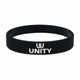 A black silicone wristband with the word "UNITY" printed in white and a logo on it.