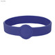 A navy blue silicone wristband with a circular design element and a smooth finish. Features a logo.