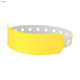 A yellow plastic wristband with a white interior and hole pattern, featuring a fastening mechanism.