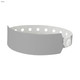 A grey plastic wristband featuring holes and a secure fastening. Includes a logo.