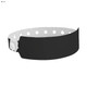 A black vinyl wristband featuring holes for adjustability and a fastening mechanism. It includes a logo.