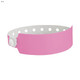 A pink vinyl wristband with a white inner lining and multiple holes for adjustment. It features a logo.