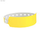 A neon yellow vinyl wristband with white fastening and multiple holes for adjustment. It features a logo.