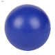 A blue stress ball with a smooth surface. It has a logo on it but is otherwise plain.