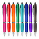 A collection of eight plastic pens in pink, red, orange, green, blue, purple, and black, each with a silver accent and branding.
