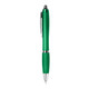 A plastic pen in vibrant green with a silver clip and accents. The pen features a smooth grip.
