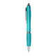 A turquoise plastic pen with a silver accent and a clip. It has a sleek design and a branded logo.