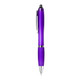 A plastic pen in a vibrant purple colour with chrome accents and a clip. It features a sleek design.