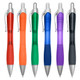 A set of six plastic pens in red, orange, green, blue, purple, and black with silver accents. Each pen features a grip and click mechanism.