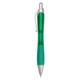 A green plastic pen with a silver clip and tip, featuring a textured grip. It has a logo on its body.