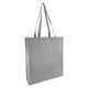 A large grey non-woven reusable grocery bag with sturdy handles and a broad gusset. Features a logo.