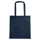 A navy non-woven tote bag with a V gusset and dual handles, featuring a logo.