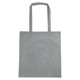 A grey non-woven tote bag with a V gusset and long handles, featuring a simple logo.
