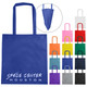 A blue non-woven tote bag with a gusset, featuring handles and a logo, surrounded by bags in various colours.