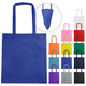 Non woven tote bags in various colours including blue, white, pink, yellow, and green, featuring long handles and a logo.