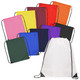 A collection of nylon drawstring bags in various colours, including pink, yellow, red, black, and green, featuring branded logos.