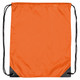An orange nylon backsack with black corners and drawstring closure. Features a logo.