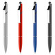 A selection of four stylus pens in silver, red, blue, and black with a clip and twist mechanism.