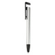 A silver plastic pen with a black rubber tip and a clip for easy attachment. It features a logo on the barrel.