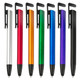 A collection of seven stylus pens in silver, red, orange, green, blue, purple, and black, each with a clip and rubber tip.