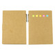A sticky note pad with a brown cover and colourful sticky flags in pink, yellow, and blue. It has a logo on the front.