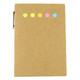 A sticky note pad in a brown cover featuring five colourful tabs in yellow, green, pink, and blue, with a black pen.