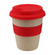 A reusable coffee cup featuring a beige body, red silicone band, and a red lid, with a logo on the surface.