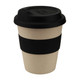 A reusable coffee cup in light tan with a black rubber sleeve and black lid, featuring a logo.