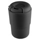 A drink bottle in matte black with a ridged base and a secure lid featuring a small opening. It has a logo.