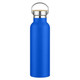 A drink bottle in a vibrant blue colour, featuring a stainless steel top and a wooden accent.