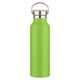 A drink bottle in vibrant green with a stainless steel lid and a wooden accent. It features a logo on the body.