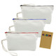 A set of three cosmetic bags in white with red, blue, and black zip closures, accompanied by a pack of colouring pencils.