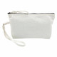 A cosmetic bag in white canvas with a black zipper and a detachable wrist strap. It features a logo on one side.