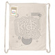 A beige drawstring bag featuring a black outlined design with various shapes and the text "kids hub".
