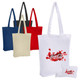 A collection of foldable tote bags in black, blue, red, cream, and white, each featuring a logo.