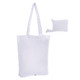 A white foldable calico tote bag with long handles, alongside a compact pouch for storage.