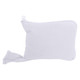 A white foldable calico bag with a zipper and a pouch for storage, featuring a logo on its surface.