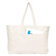 A large cream canvas tote bag with two handles and a front pocket, featuring an item partially tucked inside.