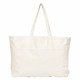 A large, cream-coloured tote bag with two sturdy handles and a front pocket. It features a branding logo.