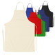 A collection of aprons in various colours: cream, red, blue, green, and black, featuring a pocket and adjustable ties.