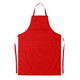 A red cotton apron with a front pocket and ties. It features a logo on the surface.