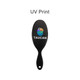 A black hair brush featuring a logo and a smooth handle. The brush has a glossy finish.